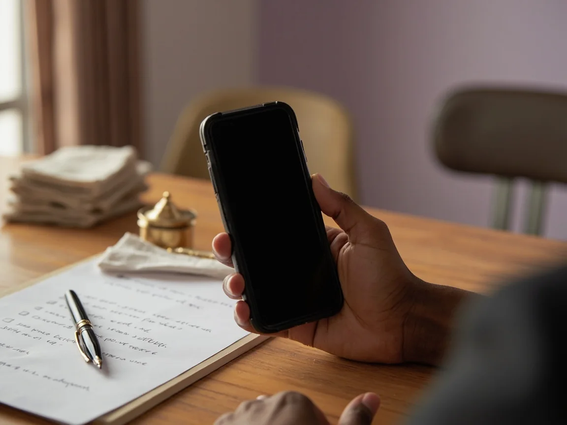 App access walkthrough — phone beside a paper checklist