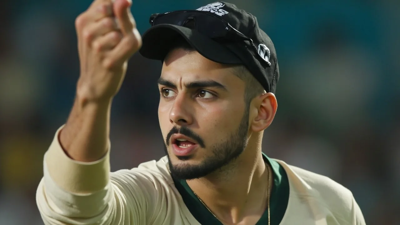 Editorial close frame of a batsman in a follow-through at the crease, with a wicketkeeper and slip fielder visible in shallow focus beyond the stumps