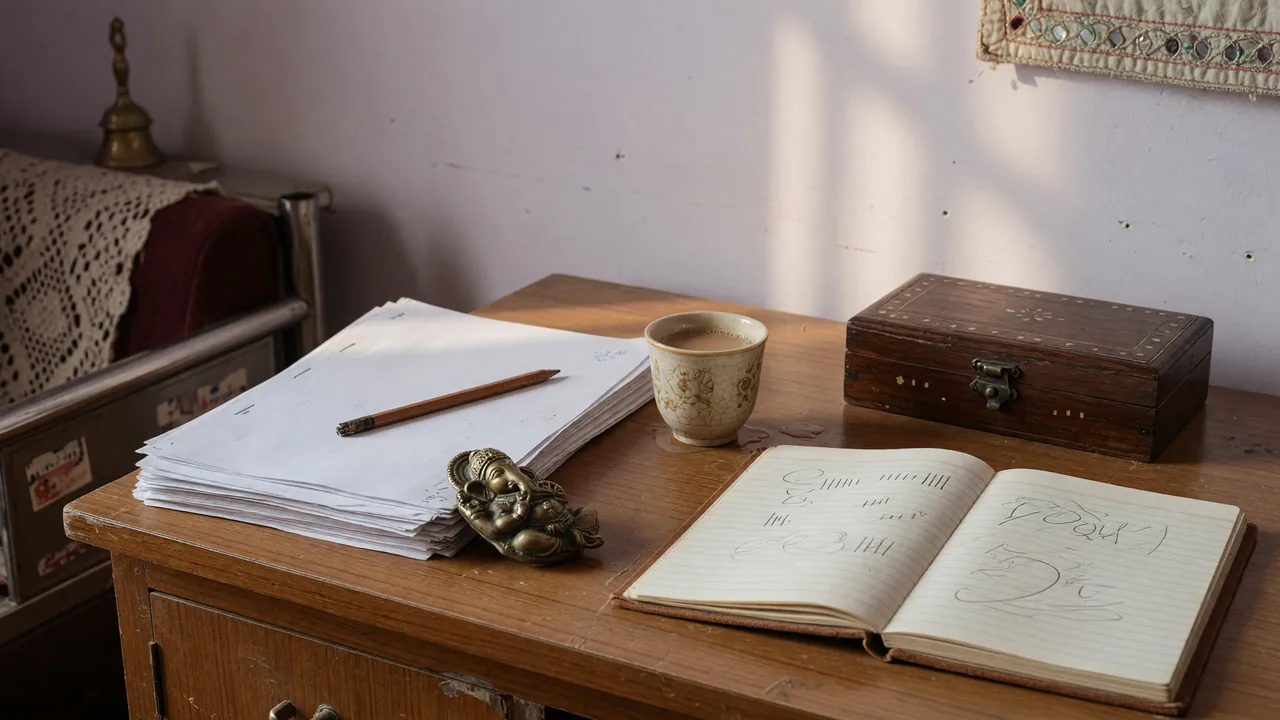 A real Indian hand holding a smartphone at a wooden desk beside a paper checklist and a fountain pen