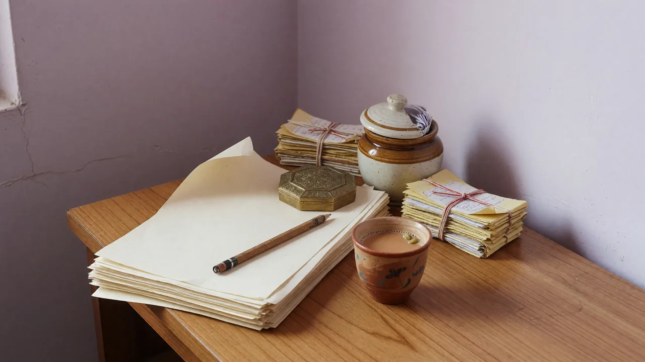 A real Indian hand on a smartphone at a wooden desk, a paper checklist beside it with a pen circling a step